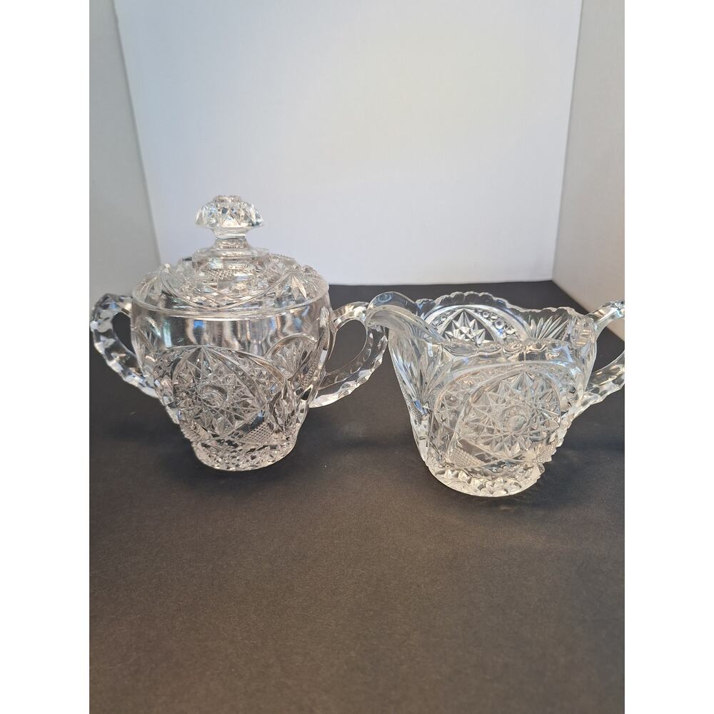 Early American Star and Fan Pattern, Crystal Sugar Bowl and Creamer.